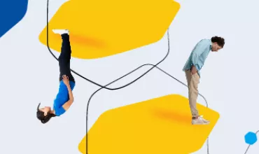 Deux personnes sur des formes jaunes reliées par des lignes, l'une à l'envers.