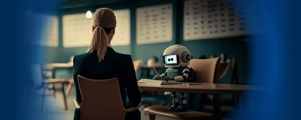 A robot and a person sitting at a table in a room.
