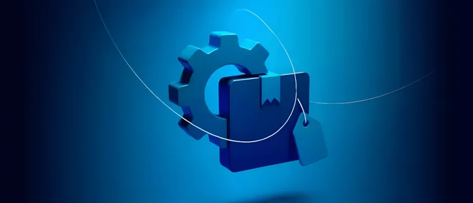 A gear and a box icon on a blue gradient background