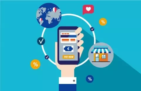Illustration of a mobile payment concept with icons for global connection and shopping.