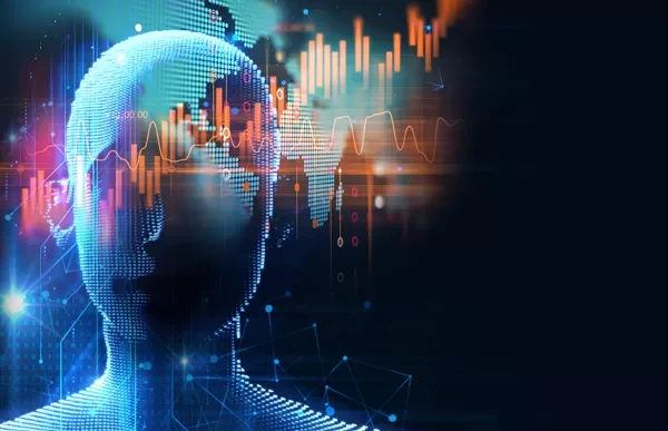 Digital human silhouette with data visualization graphics.
