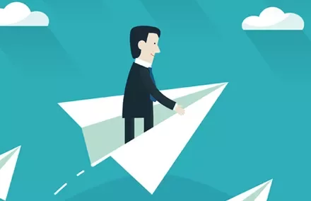 Illustration of a person flying on a paper airplane in the sky.