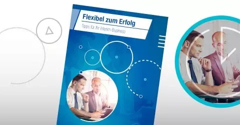 Zakelijke brochure in het Duits met cirkelvormige elementen en twee mensen die in een kantoor discussiëren.
