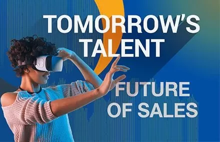 Person using VR headset with 'Tomorrow's Talent: Future of Sales' text.