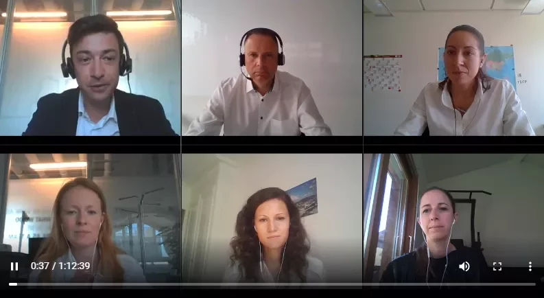 Video call with six people wearing headsets in a virtual meeting.